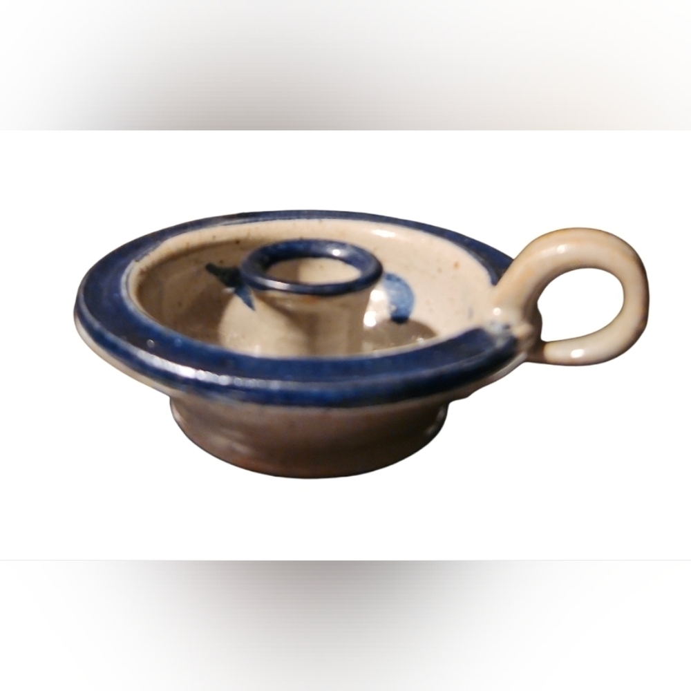 Art Pottery Candle Holder Chamber with Blue And Gray  Accents
